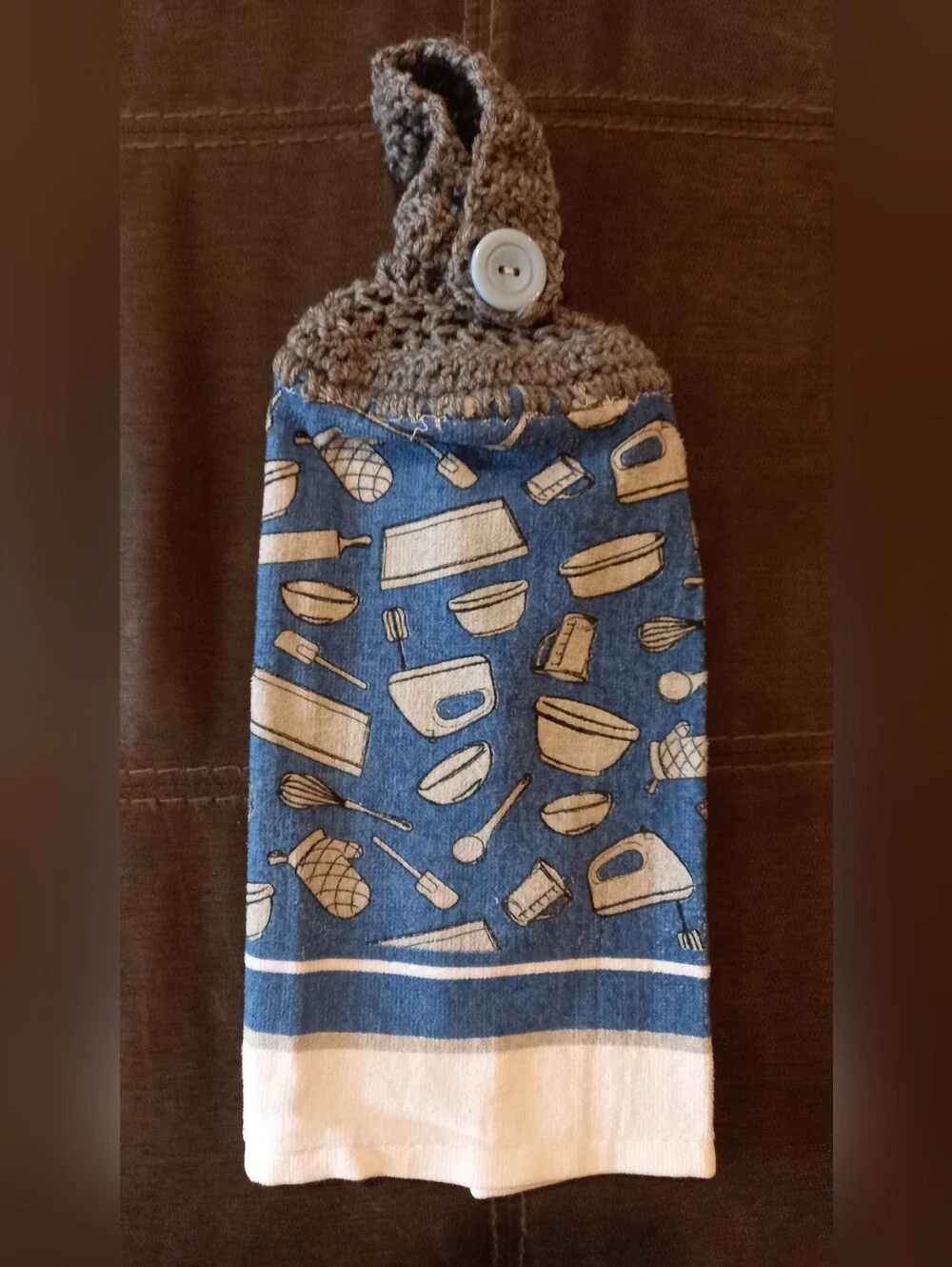 Blue and White Kitchen Towel Crocheted Hanger Handmade